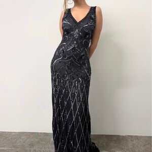 Vintage Cache Black Beaded V-Neck Evening Dress Size 4